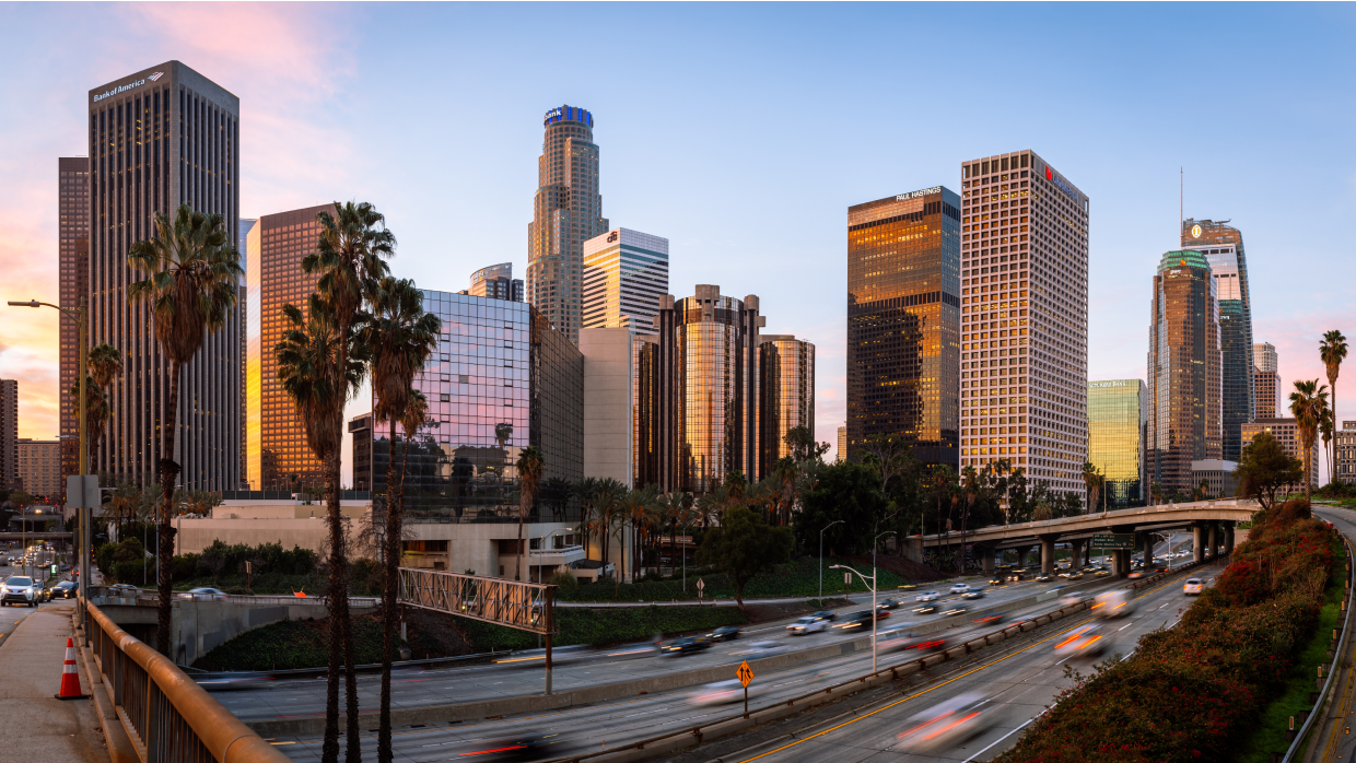 Downtown Los Angeles skyline at sunset