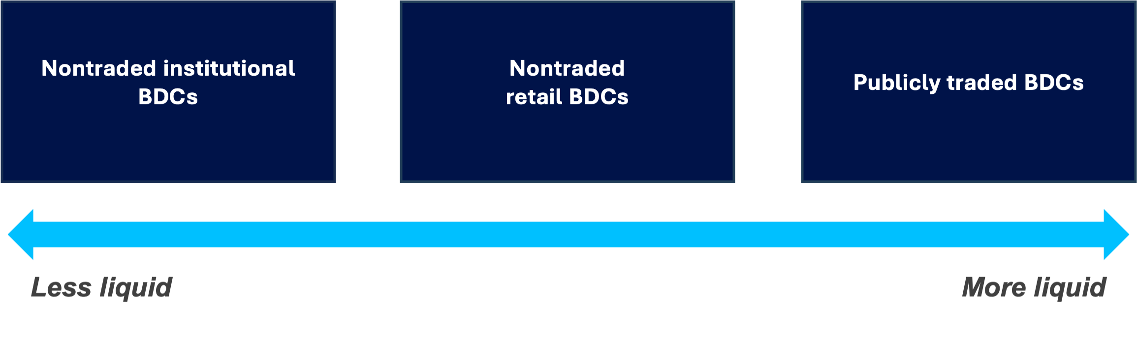 Graphic chart compares nontraded institutional BDCs, nontraded retail BDCs, and publicly traded BDCs