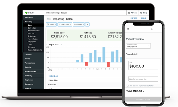 Laptop and mobile displaying charts and payments clover solution