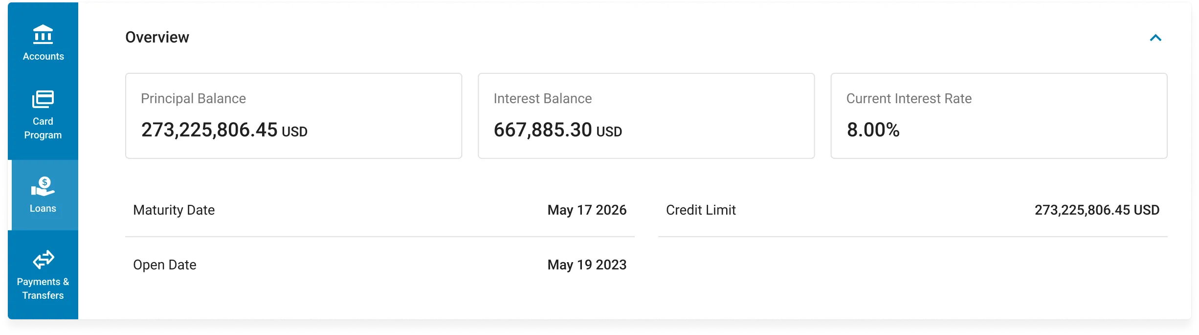 Digital loan account overview dashboard screen