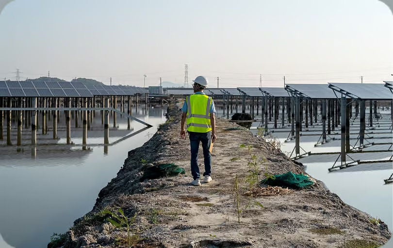 Engineer inspecting solar farm over water