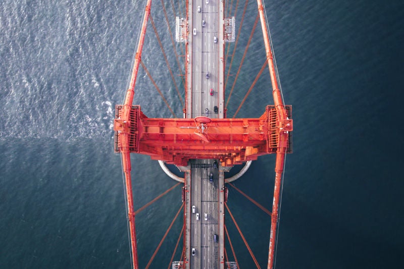 Aerial view of red suspension bridge roadway