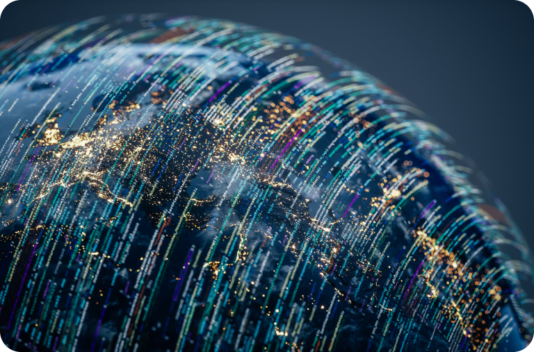 Digital data streams surrounding illuminated Earth