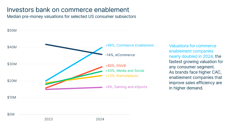 Slide-style graphic showing a line chart of median pre-money valuations for selected US consumer subsectors from 2023 to 2024