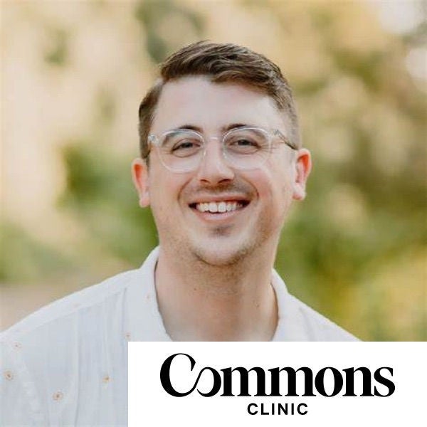 Nick Aubin headshot, Commons Clinic logo