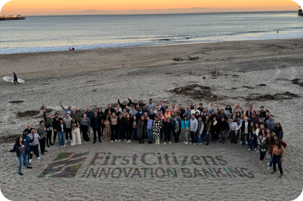 Employees on a beach