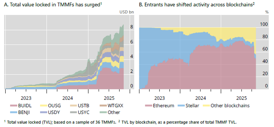  two side-by-side charts illustrating trends in tokenized money market funds (TMMFs) and blockchain usage