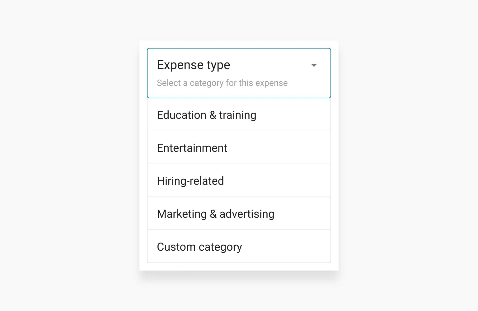User interface screenshot showing an expense type dropdown menu