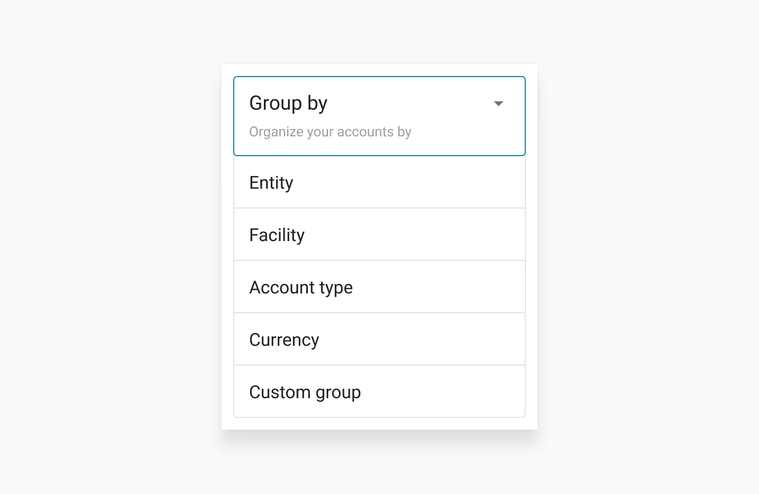 Image showing a user interface dropdown used to organize accounts by groups