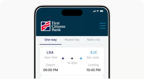 A smartphone displaying the First Citizens Bank app interface focused on booking a one-way flight