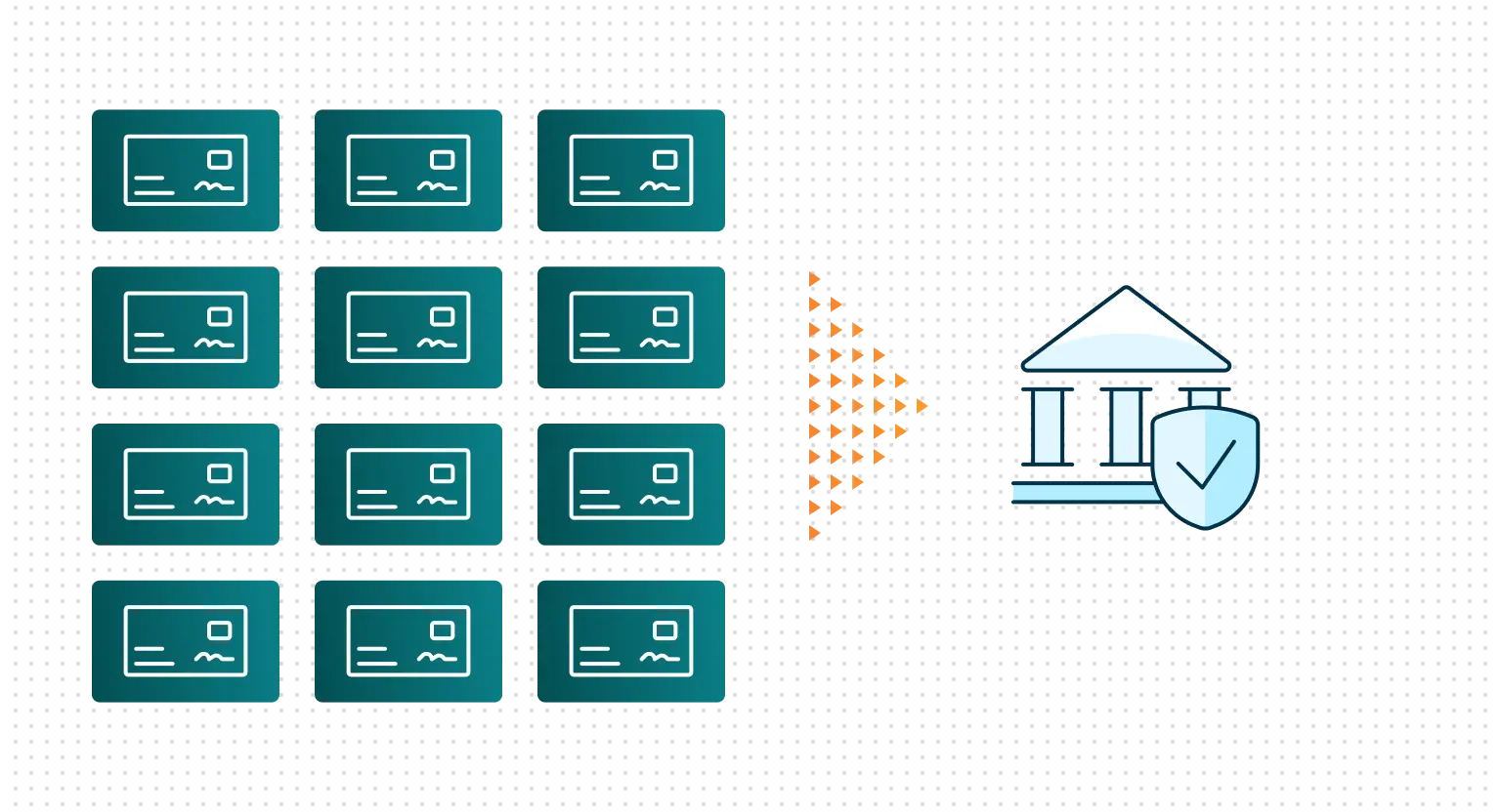Receivables lockbox graphic showing digital cards transferring securely to bank icon